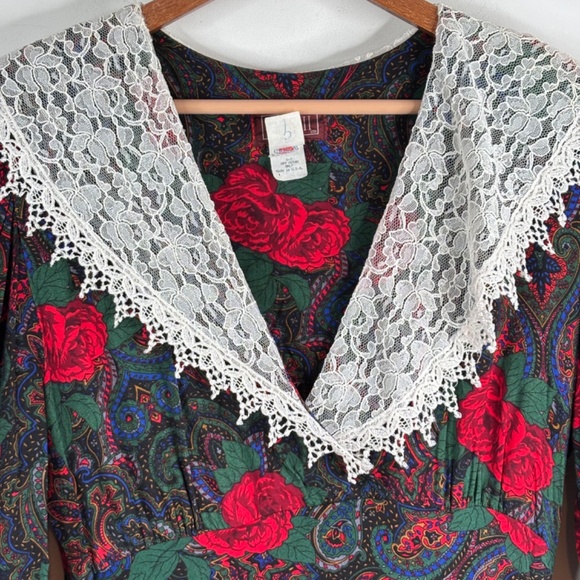 VTG 90s Lisa II Christmas Midi Dress 16 Floral Lace Collar Cottage Prairie Retro - Picture 3 of 13